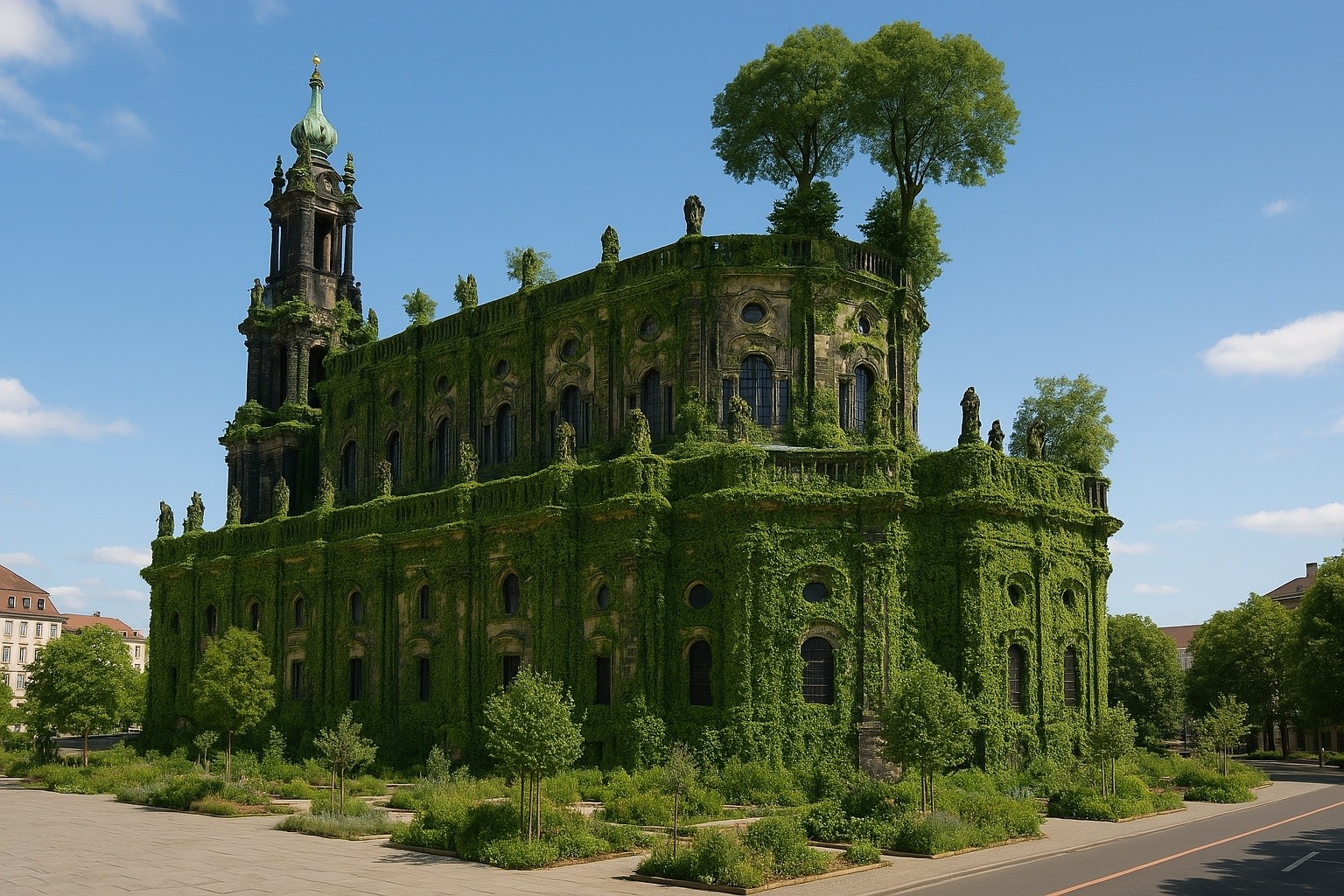 Ein Beitrag zum Klimaschutz: Dresdner Kathedrale erhält Fassadenbegrünung Ein Beitrag zum Klimaschutz: Dresdner Kathedrale erhält Fassadenbegrünung